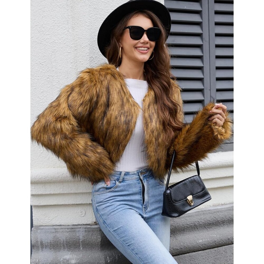 Women's Brown Gihuo Cropped Faux Fur Coat Open Front Fleece Winter Jacket - Picture 2 of 7